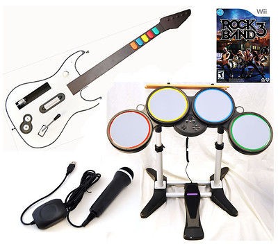   Wii ROCK BAND 3 Game Set w/Wireless Guitar Drums Mic bundle kit III