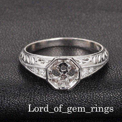   5mm Round Cut Filigree Milgrain 14K White Gold Diamond Semi Mount Ring