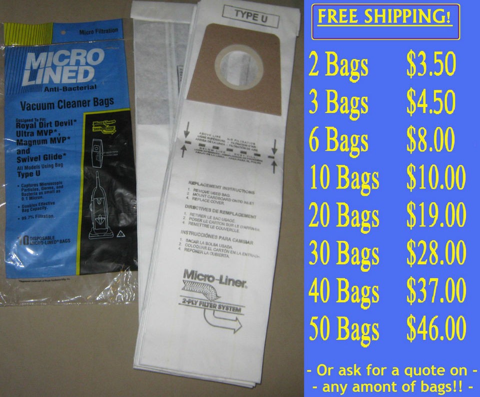 Royal Dirt Devil Type U Vacuum Upright Vac Bags Micro Lined Allergen 