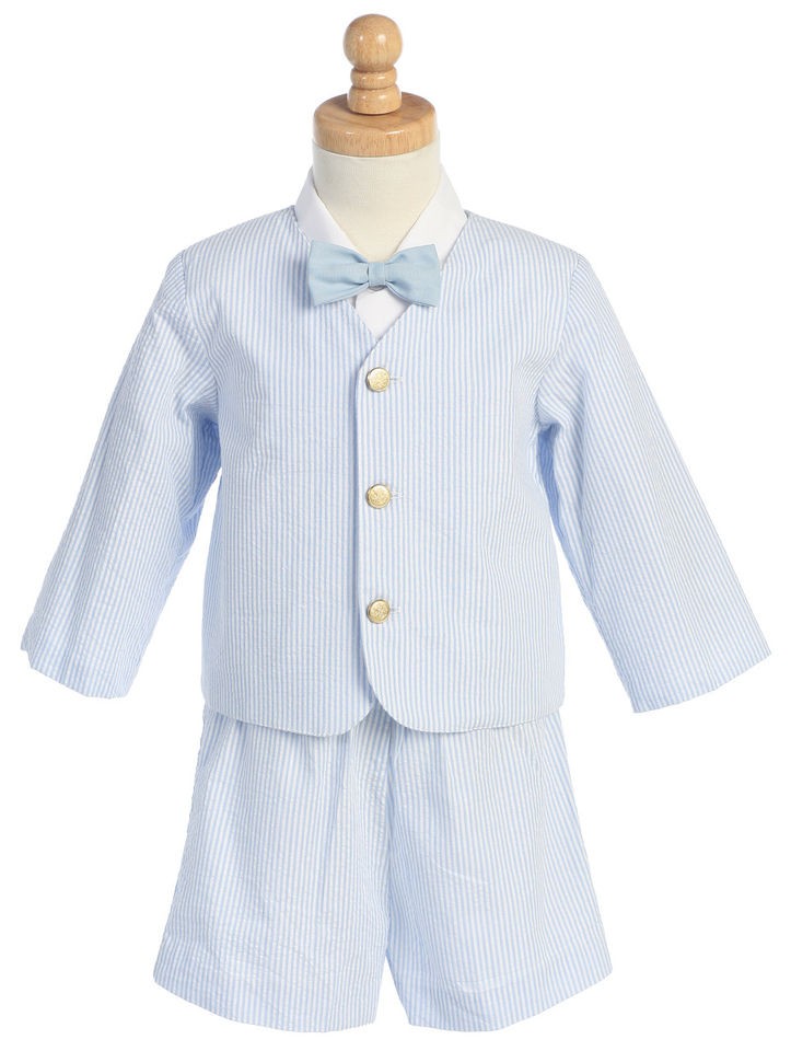 Boys Blue Cotton Seersucker Eton Shorts Suit Set 6M 4T