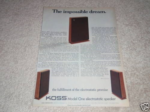 Koss Model One Electrostatic Speaker Ad, 1975,RARE