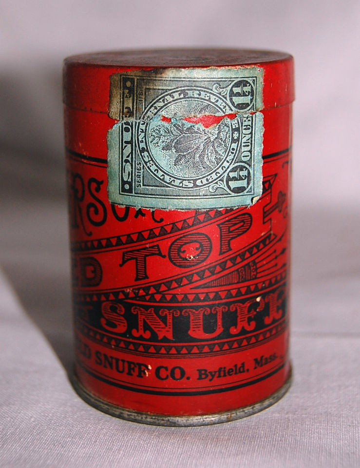 SNUFF CAN, ANTIQUE, PEARSONS RED TOP WITH REVENUE STAMP, CIRCA 1920 