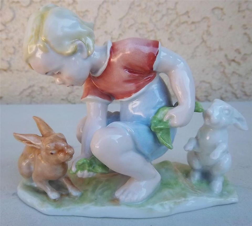 Vintage Rosenthal Germany Porcelain Child feeding rabbits bunnys 