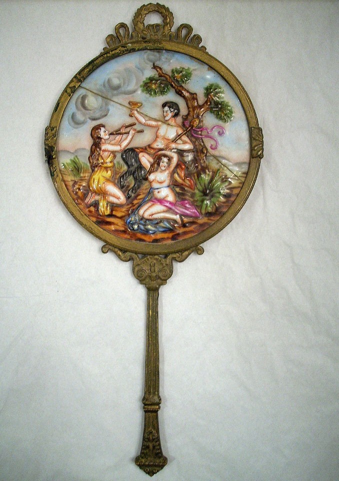 ANTIQUE CAPODIMONTE BRASS HAND MIRROR WITH ROUND PORCELAIN BACK CIRCA 