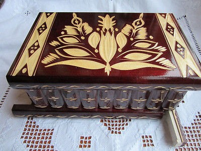 Large Vintage *Puzzle* Wooden Red Jewelry Box w/ Hidden Compartment 