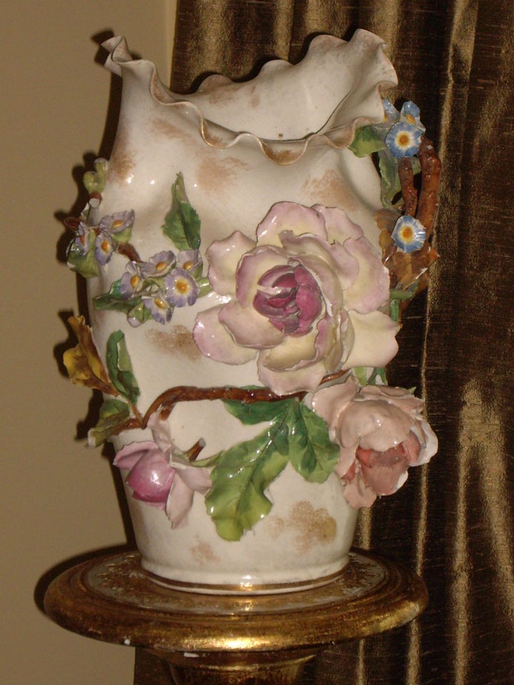 ANTIQUE 1800S MAJOLICA FRENCH BARBOTINE RUFFLED VASE~JEAN POINTU 