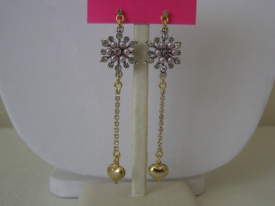 Betsey Johnson PEARL PAVE Bow Crystal Gold Post DANGLE Earrings SWEET