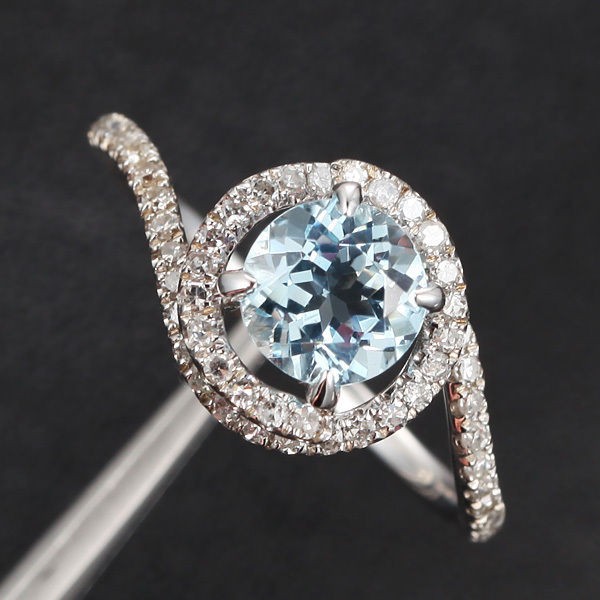 Natural Aquamarine Micro Pave H/SI Diamond Claw Prongs 14K White Gold 