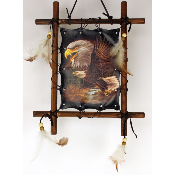   Indian Framed Pictures Bald Eagle Native American w/ Hanging Feathers