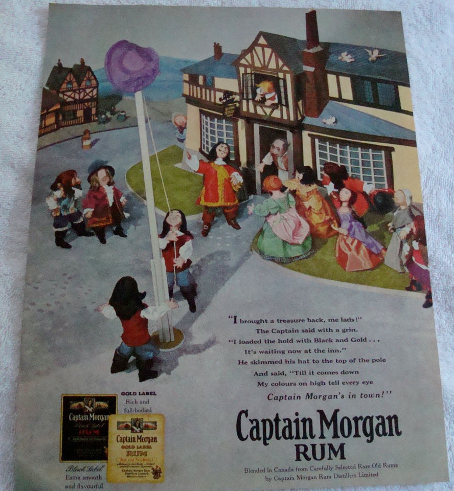 1956 CAPTAIN MORGANS RUM IN TOWN TREASURE BACK CANADA AD HAT TOP OF 