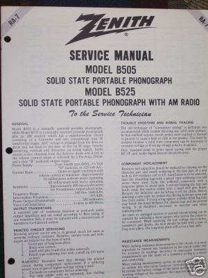 Zenith B505 B525 Portable Phonograph Service Manual RA7