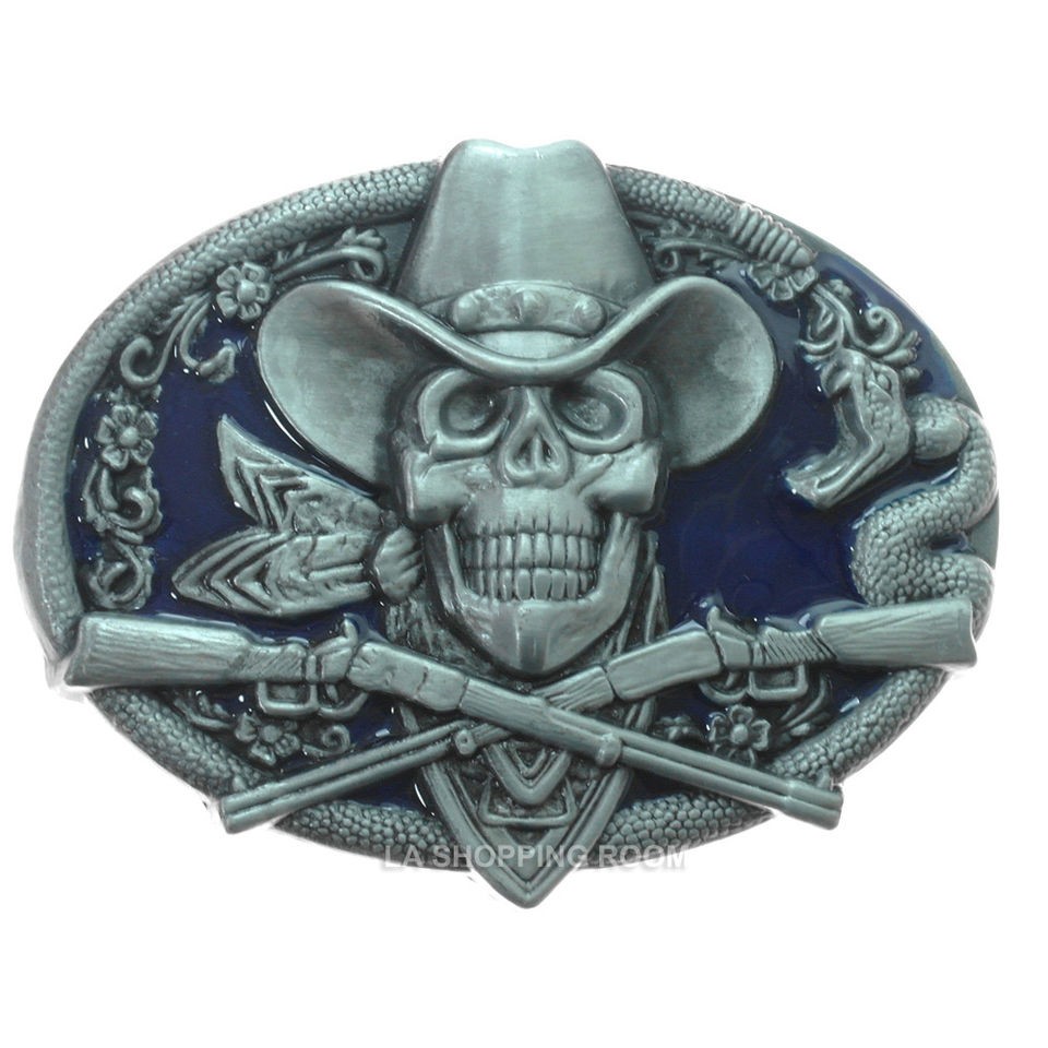 Metal Belt Buckle Snake Arounded Cowboy Skull Smilling w/ Guns Free 