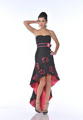 LONG & SHORT UNIQUE PROM FORMAL EVENING BLACK FUCHSIA FLOWERS PRE 