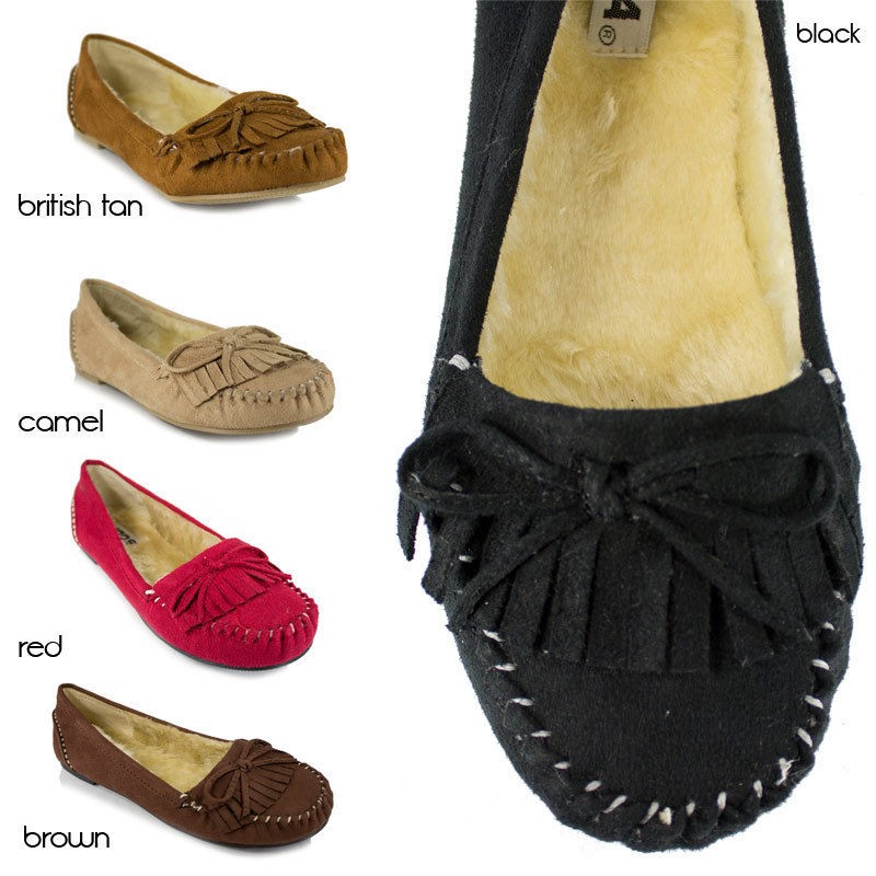 Womens Faux Fur Insole Moccasin Slip on Flat Bow Faux Suede Soda 