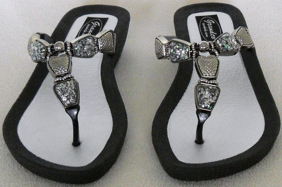 GRANDCO DRESSY Beach Pool THONG BLING Black METALLIC GEMSTONE Sandals 