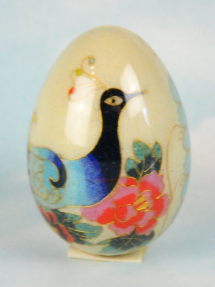 VINTAGE ORIENTAL ASIAN FLOWER FLORAL PEACOCK BIRD CLOISONNE ENAMEL EGG 