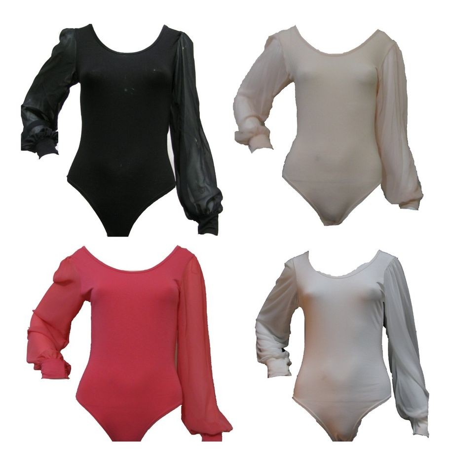 LADIES CHIFFON BODY SUITS LONG SLEEVE LEOTARD TOPS 8 14