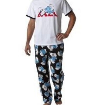 Mens Flannel Smurfs Sleep Set pjs Pajamas Sleep Pants