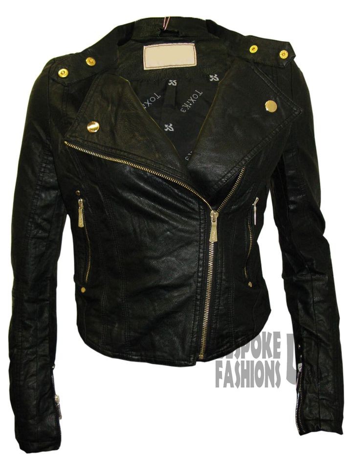 NEW LADIES BIKER STYLE LEATHER LOOK PU CROP JACKETS IN 3 COLOURS SIZE 