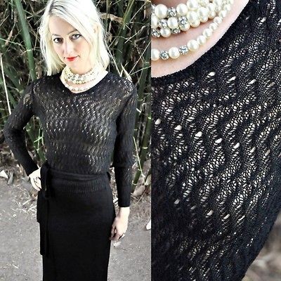 SUNDAY NIGHT KNIT Vintage 1930s 30s Sheer Black Skirt Top+Belt DRESS 