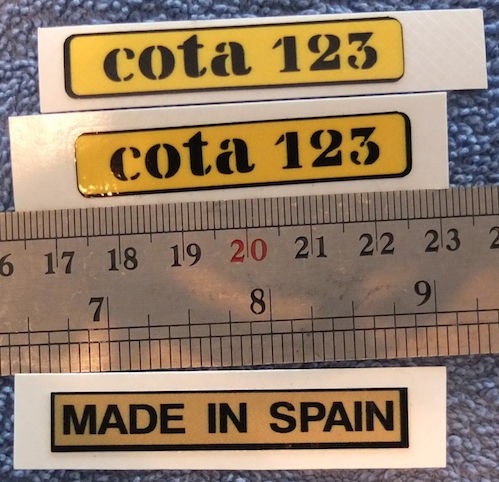 Two Montesa Cota 123 Decals AND One Gold Made in Spain Decal