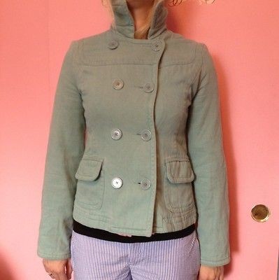   Green Turquoise Teal Peacoat Short Coat Jacket Cotton Sz S Euc Cozy