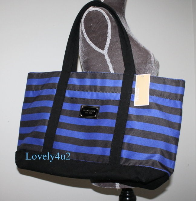 NWT Michael Kors Summer Cobalt Blue and Black Stripe Large Tote 