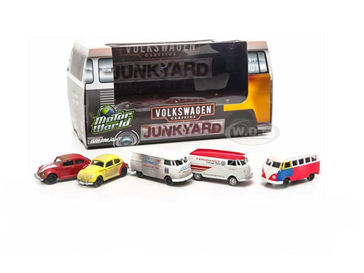 VOLKSWAGEN, 5 CAR MOTOR WORLD JUNKYARD CAR SET 1/64 BY GREENLIGHT 