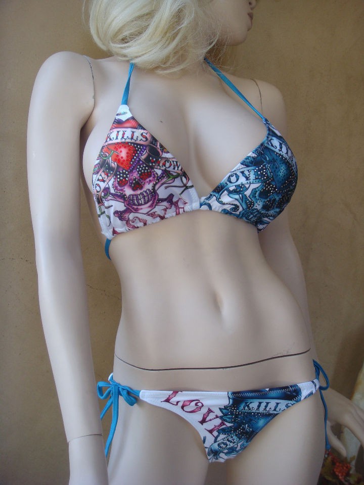 NWT ED HARDY WHITE BLack PADDED HALTER BIKINI W STONES