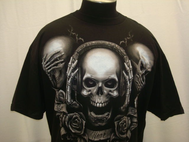 OG ABEL BLACK MEN NEW PRINT AIR BRUSH SOFT TSHIRT 3 SKULL SEE HEAR 