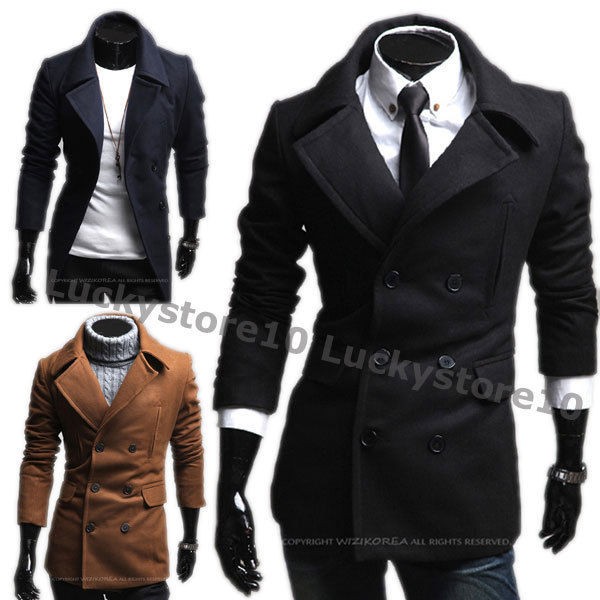 Mens Casual Slim Double Pea Long Trench Coat Peacoat Jacket 3 Colors 