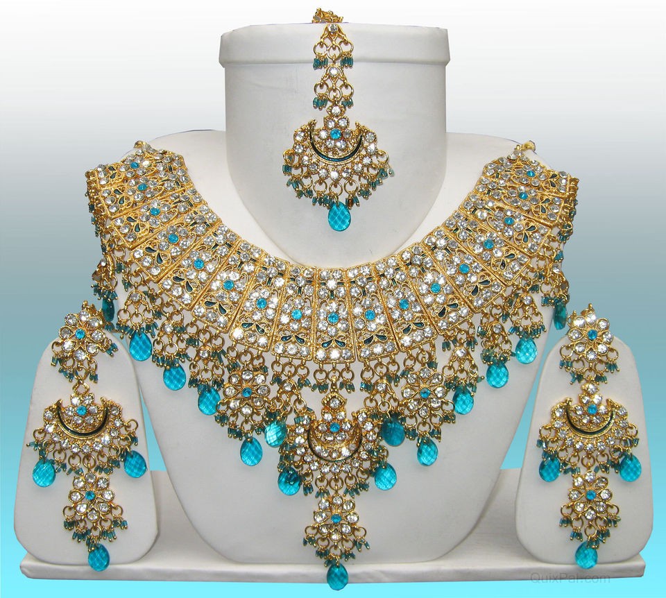 Indian Bridal Jewelry Jodha Akbar Set 921 Turquoise + Earrings + Maang 