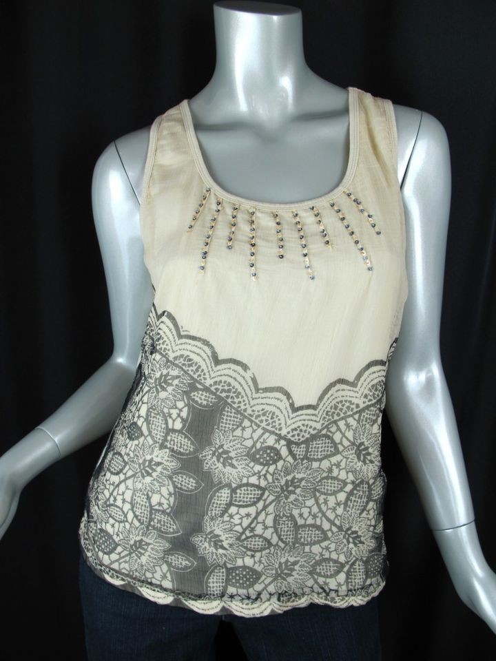 Designer ADOLFO DOMINGUEZ Beaded Gray Floral Chiffon & Beige Lace Tank 