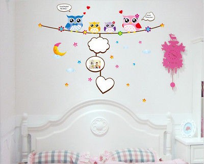 New Baby love Cute Four Owls & Moon& Star Nursery Room Wall sticker 