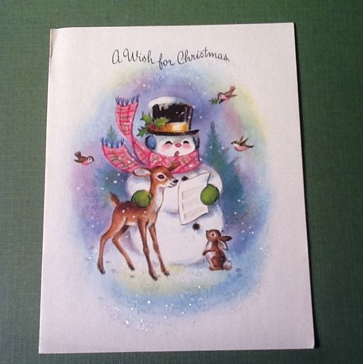   Xmas Greeting Card Singing Snowman & Deer Great Glitter Accents