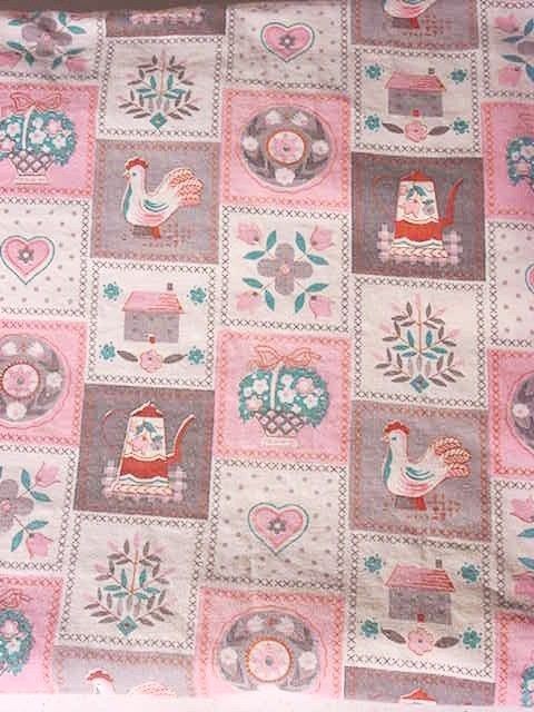 Old Vintage Antique Tablecloth Cotton Material Pink Rooster Heart 