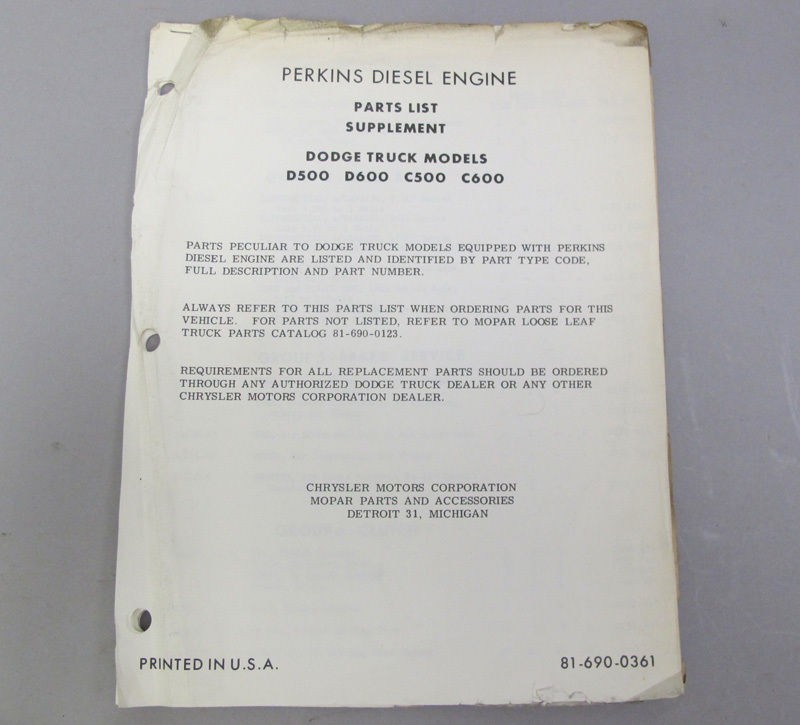 1961 1962 Dodge Perkins Diesel Engine Parts List Supplement D500 D600 