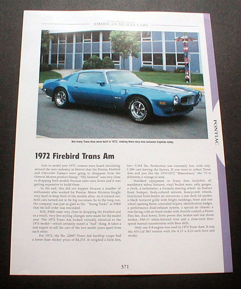 1972 PONTIAC FIREBIRD TRANS AM PHOTO FACTS SPEC SHEET