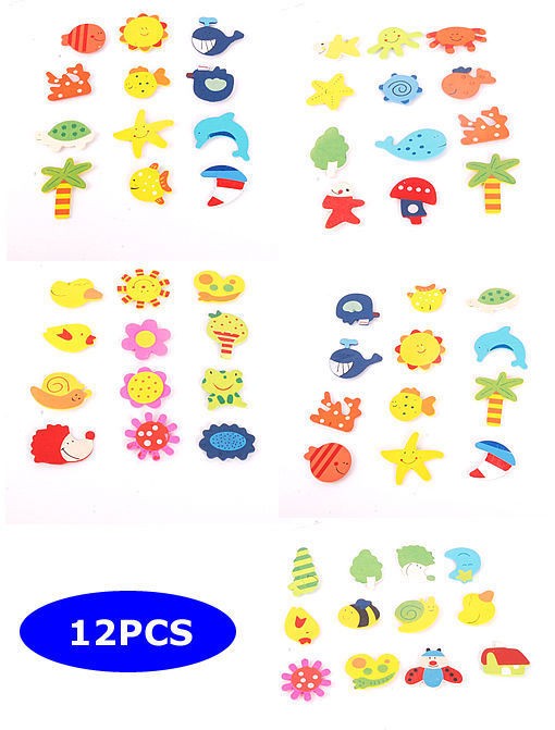 12 PCS Cartoon Funny Baby Toy Wooden Fridge Magnet Refrigerator 