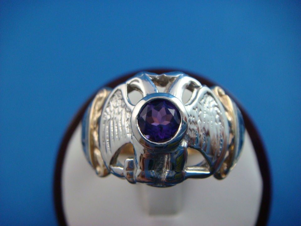 14K MASONIC VINTAGE MENS RING WITH AMETHYST SCOTTISH RITE 8.6 GRAMS 