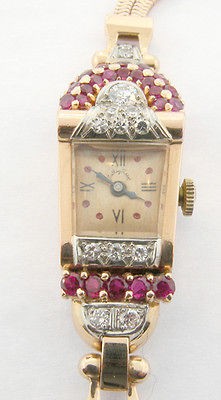 LADIES LUCIEN PICCARD ART DECO 14K ROSE GOLD DIAMOND RUBY WATCH