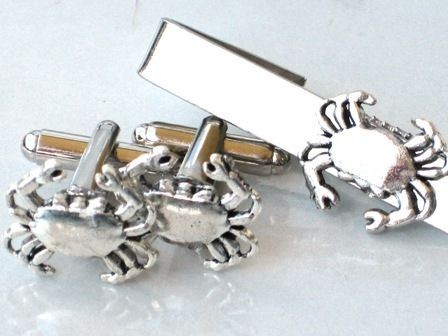 Steampunk TINY CRAB TIE CLIP + CUFFLINKS SET Antique Silver Nautical 