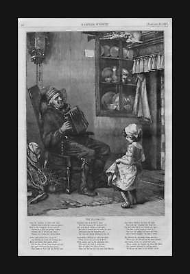 Plays Accordion for Dancing Girl, antique engraving, original 1877