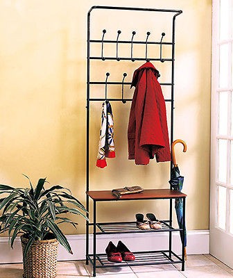 ENTRYWAY BENCH WITH COAT RACK AND SHOE STORAGE SHELVES