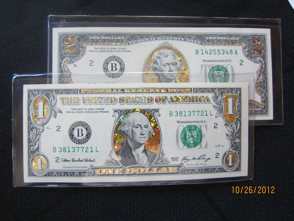 and $2 Bill Enhanced Golden Hologram Crisp Uncirculated with COA