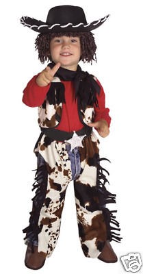 Childs Boys COWBOY Costume Jumpsuit w/ Vest + Hat w/ Attached Wig 