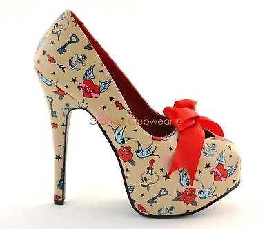 PINUP Rockabilly Tattoo Print Cream High Heels Shoes