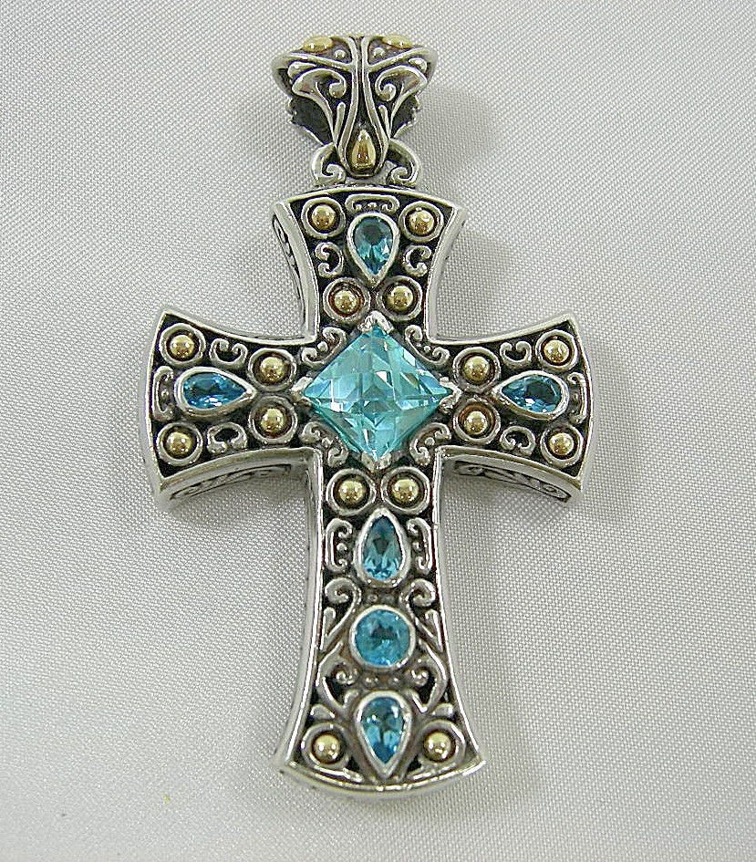 Samuel B Sterling Silver & 18K Large Blue Topaz Cross Pendant