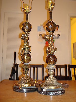 LAMP SET MARBLE & BRASS CHERUBS VTG LEVITON