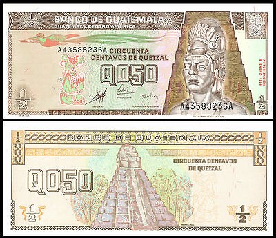 Guatemala P 98 1/2 Quetzal Year1988 Unc. Banknote